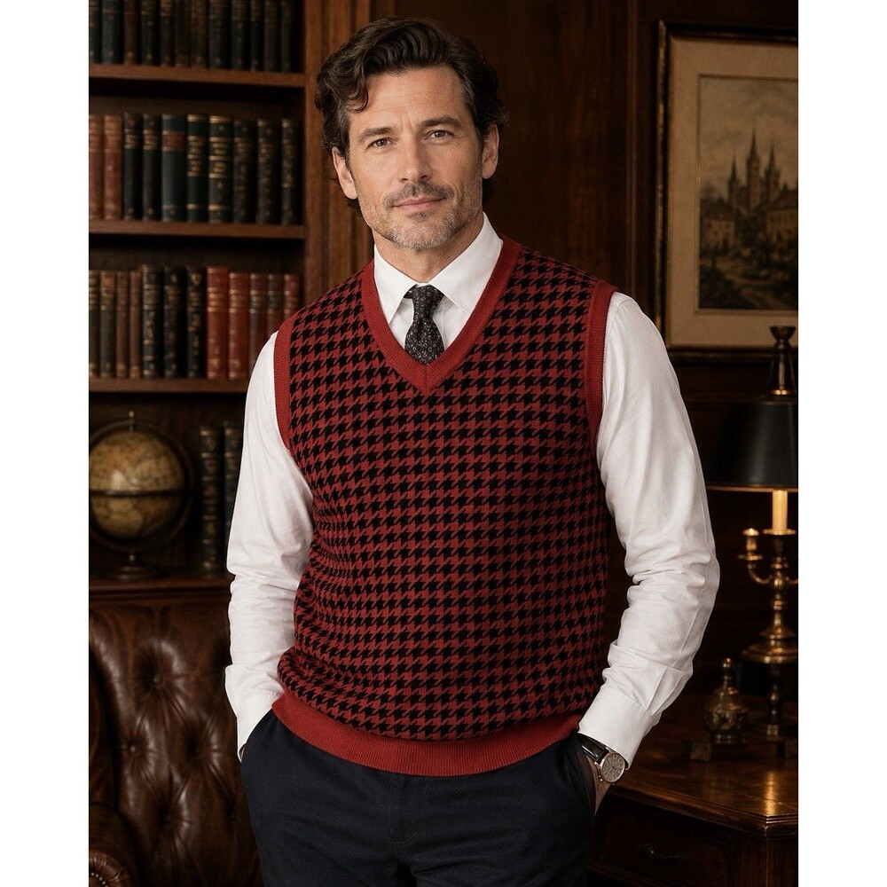 Lanzino XXL Red Black Houndstooth Sweater Vest Wool Blend Long Knit Tunic